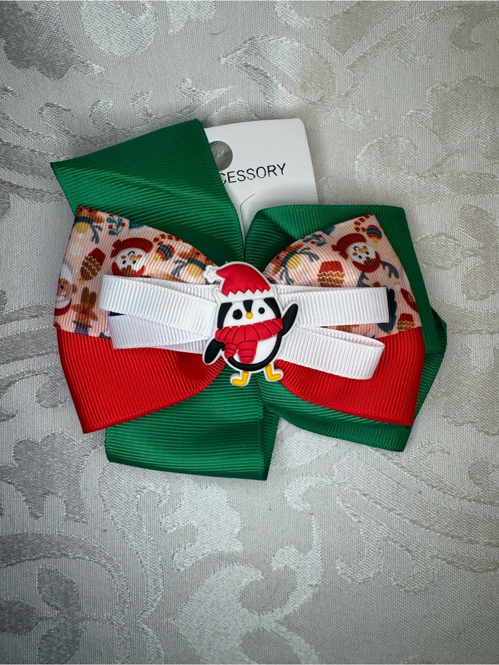 New MINT Kids Christmas Holiday Bow Hair Clip - Penguin and Santa Green/Red/Whit